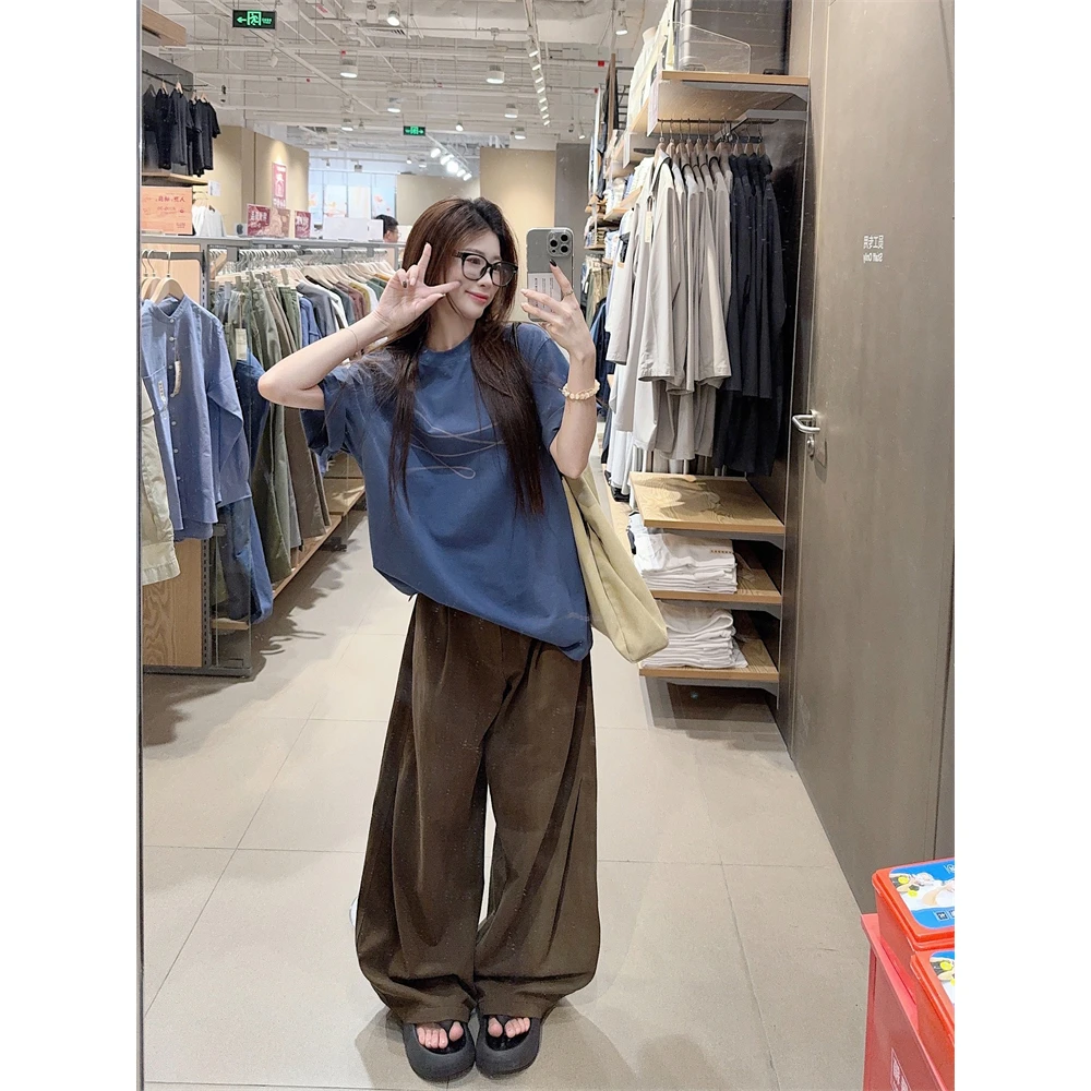 线条图案宽松圆领T恤+小弯刀垂感休闲长裤80950清冷系禅意衣服女
