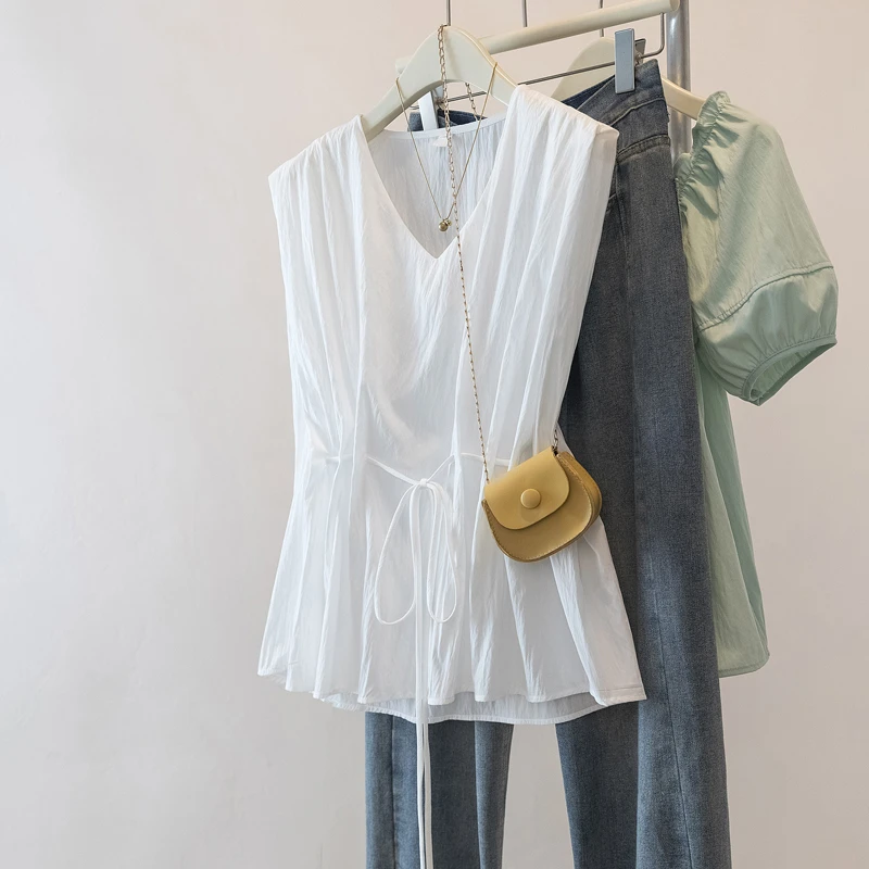法式短袖衬衫女夏装2024新款时尚泡泡袖宽松小衫洋气设计感上衣潮