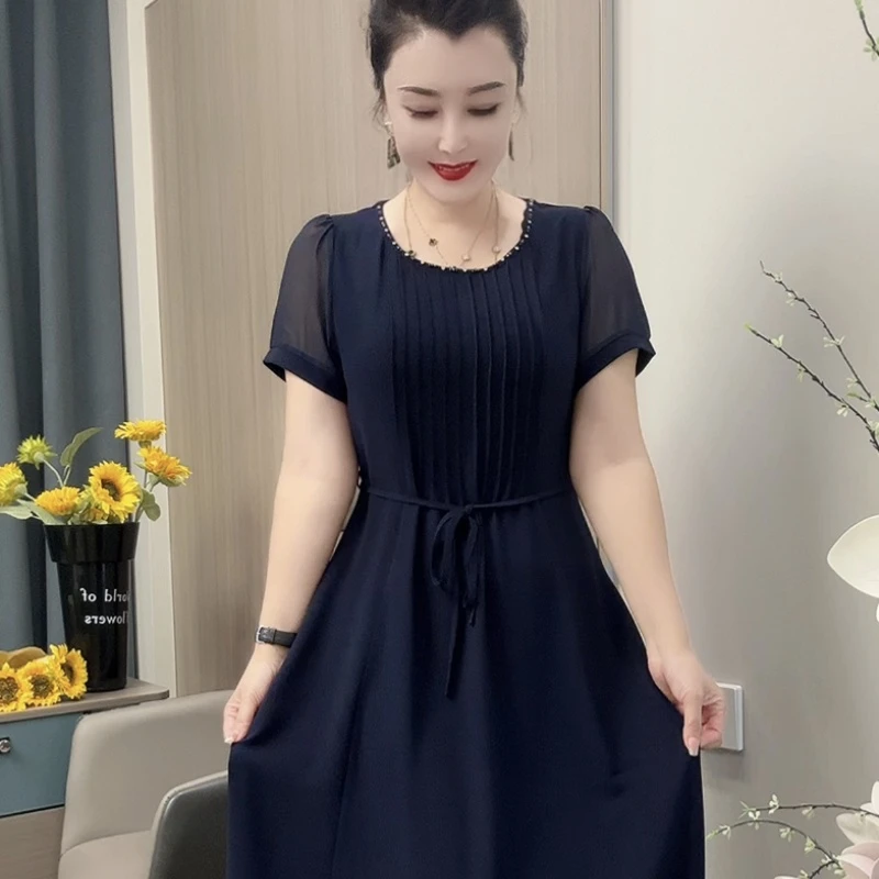 连衣裙826夏季中腰圆领短袖中长裙裙子宽松新中式女装大码显瘦