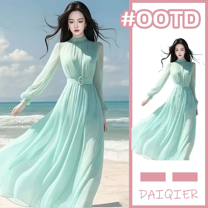 海边度假超美气质女神范温柔风绝美长裙高级感蓝色雪纺连衣裙子春