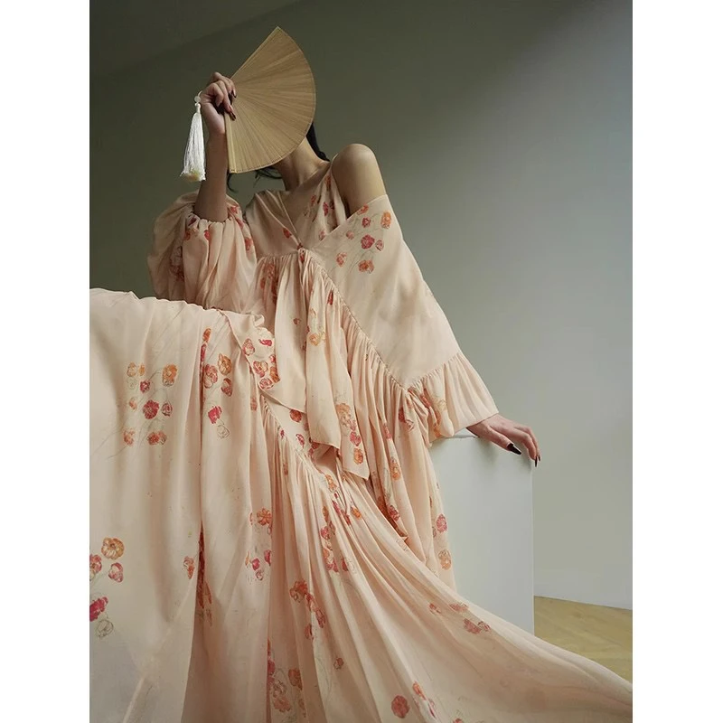 【绮梦花野】法式印花吊带长连衣裙衬衫2025春新度假套装