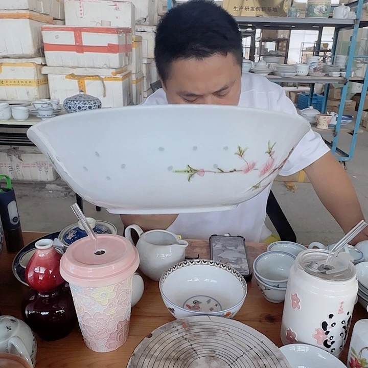 景德镇高温陶瓷水点桃花玲珑大汤盘