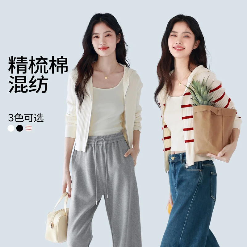 伊芙丽戴帽修身亲肤棉双开拉链针织开衫女春季毛衣外套1G1930431