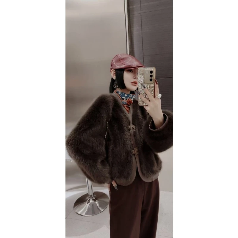 人造皮草 小香风人造环保皮草v领短外套女2025秋冬显瘦减龄上衣潮