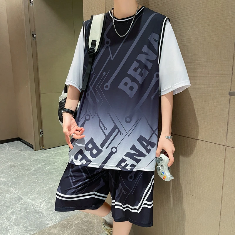 青少年学生夏季新款两件套男生篮球潮流凉感速干圆领休闲运动套装