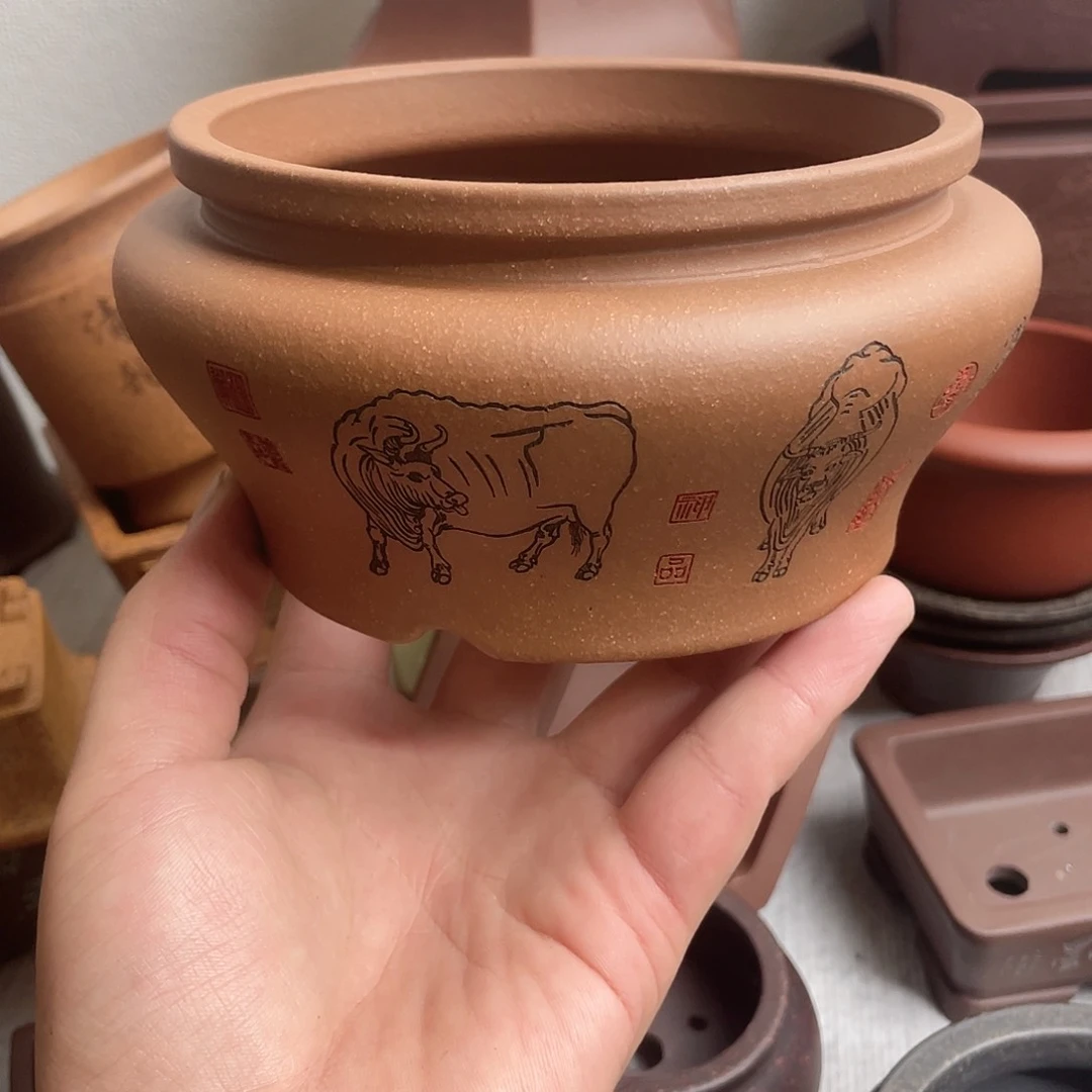 紫砂花盆宜兴精品紫砂五牛图11×5.5