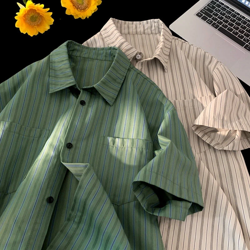 识恩日系cityboy条纹短袖衬衫男士夏季2025新款宽松男衬衣上衣