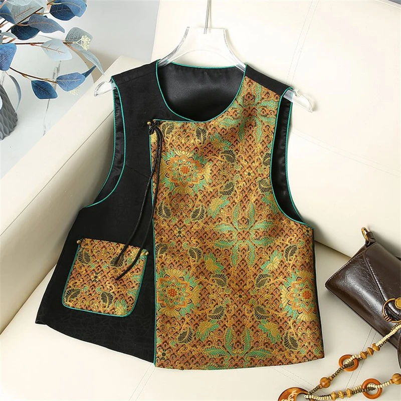 图腾花高定复古盘扣马夹新中式设计感口袋圆领时尚马夹坎肩