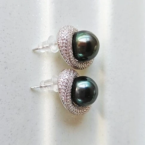 9-10mm银925大溪地海水孔雀绿珍珠菠萝设计百搭款耳钉