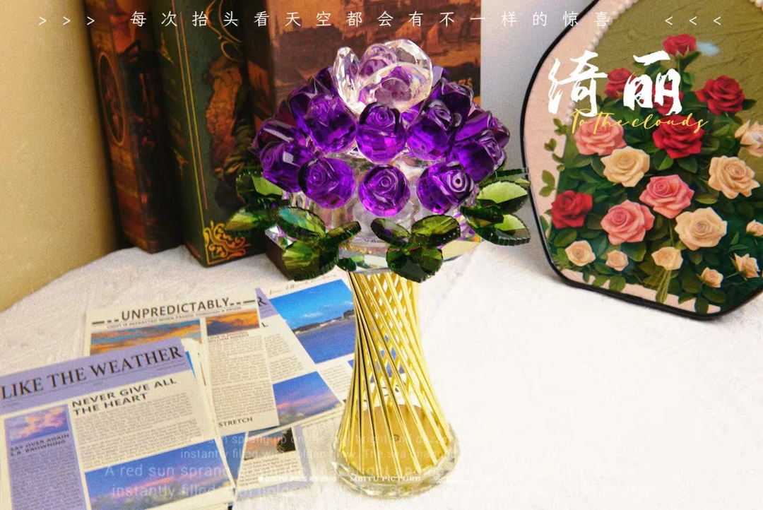 单只-高档轻奢水晶深紫玫瑰手捧花花摆件礼物订婚高级感装饰