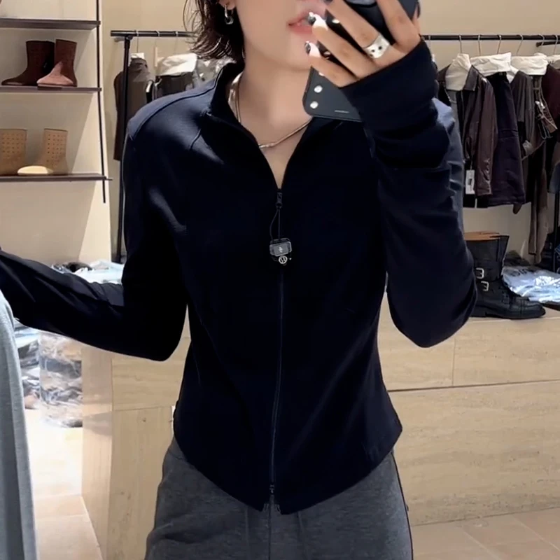 秋季气质纯色长袖拉链小蛮腰立领开衫女2025新款休闲修身短款外套