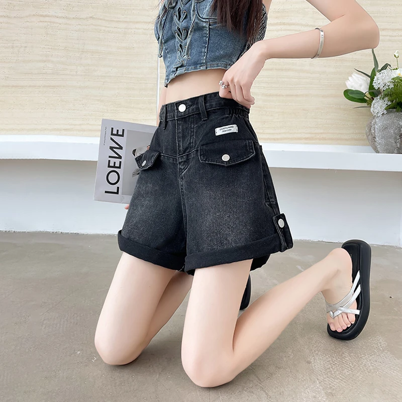 黑色卷边牛仔短裤女2025夏季新款高腰百搭显瘦小个子阔腿四分热裤