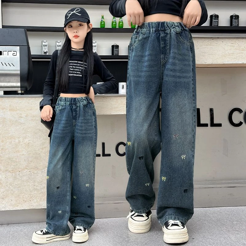 女童牛仔裤春秋款2025新款童装中大童百搭学生直筒长裤时髦外穿裤