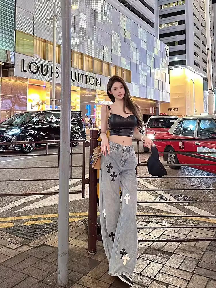 浠儿姐姐牛仔长腿计划复古十字架阔腿长裤拖地裤牛仔裤女