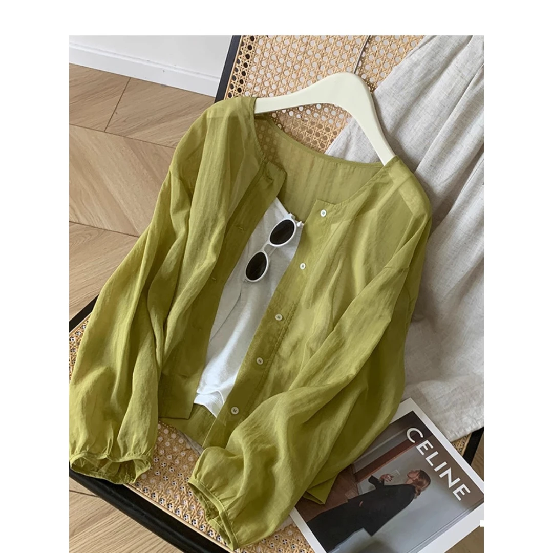 我也不想一直被夸，好美！黄绿色防晒衬衫女夏季圆领肌理感上衣外套