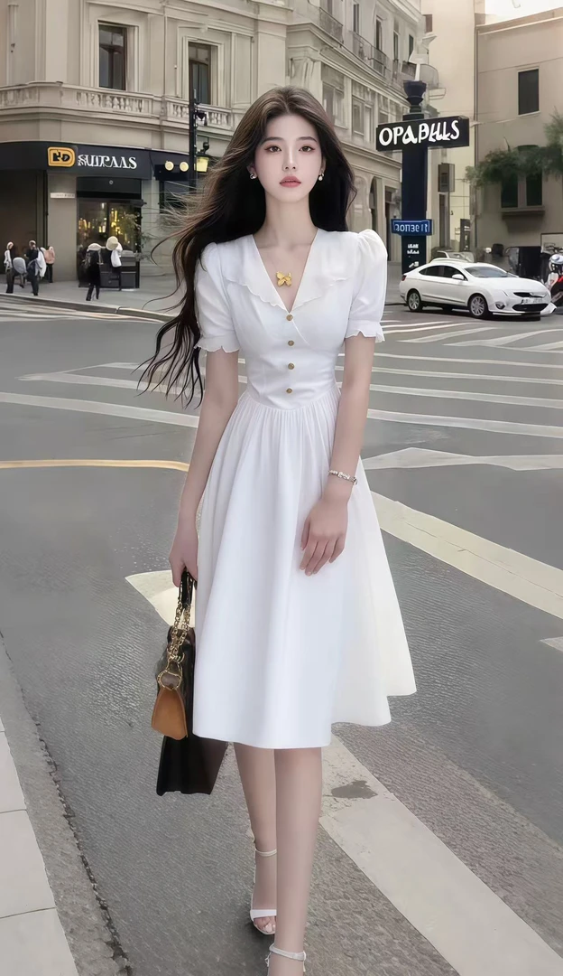 夏季新款氛围感温柔纯欲千金风白色V领短袖收腰气质长裙连衣裙女