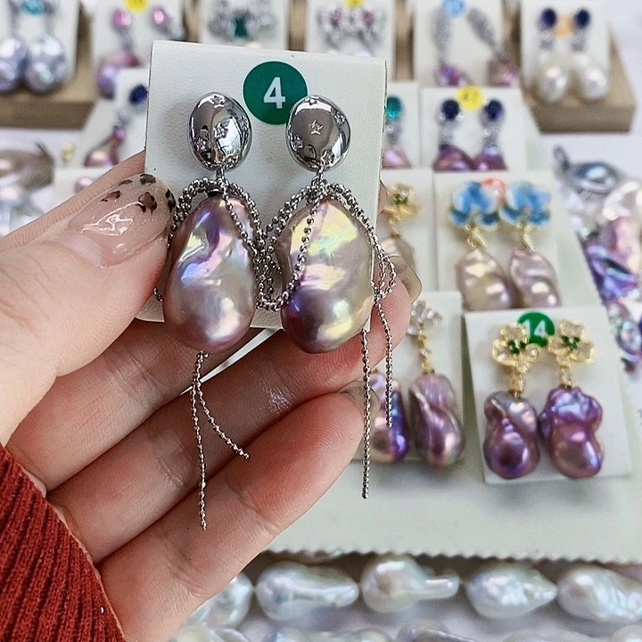 银S925镶嵌耳饰淡水珍珠自**风