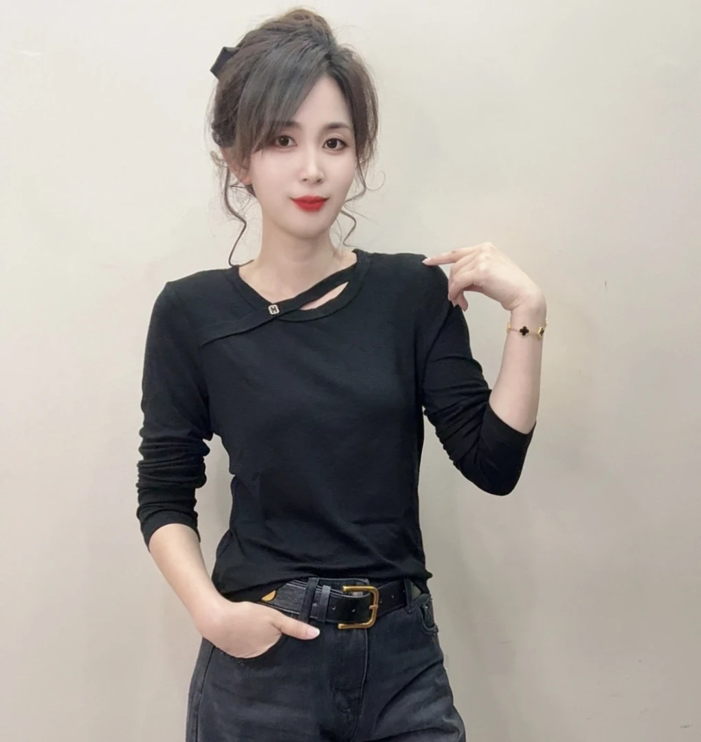 《陈小红》长袖女镂空修身百搭单穿内搭女T恤ins圆领春秋纯色