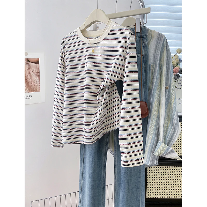 韩系休闲条纹长袖T恤2025早秋新款慵懒百搭宽松显瘦圆领打底上衣