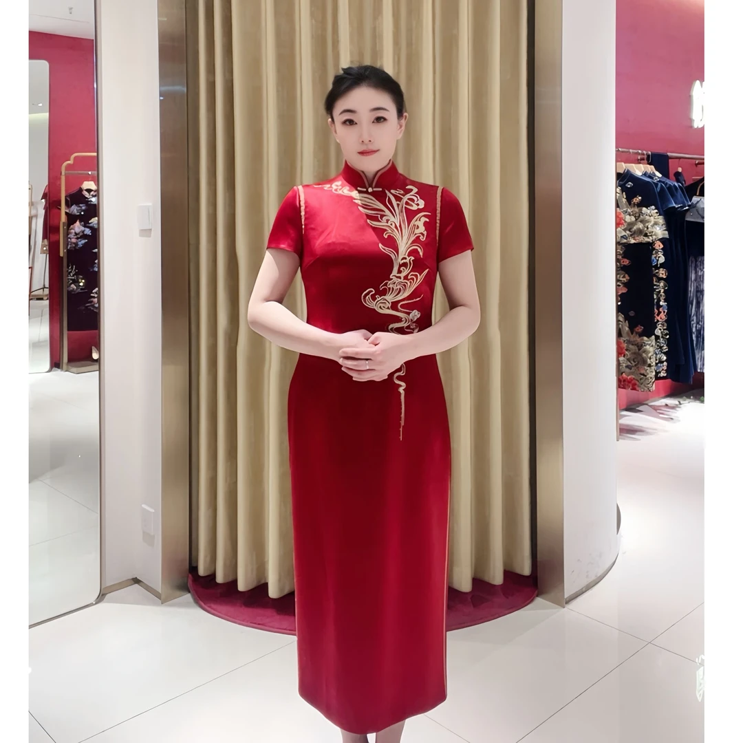 朱紫褕170273旗袍/酒红色/凤纹/三醋酸锻面/重工刺绣喜婆婆