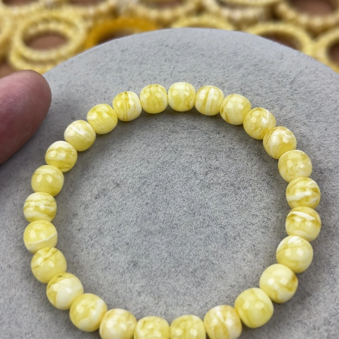 蜜蜡未镶嵌手串纯天然俄料瓷白花虎皮极限弧高桩8*7.5腕口17+