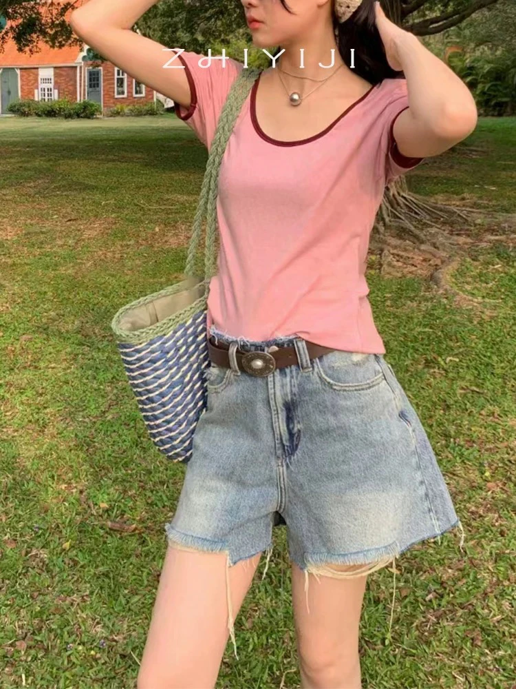 专柜品质时髦百搭破洞高腰水洗牛仔短裤 调性破边磨边度假短裤