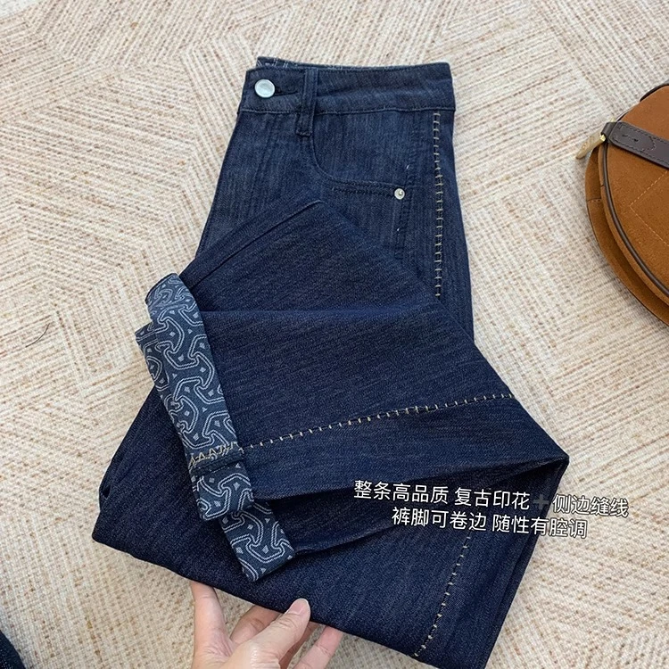 印花卷边直筒阔腿牛仔裤女高腰2025夏季薄款大码宽松显瘦弯刀裤子