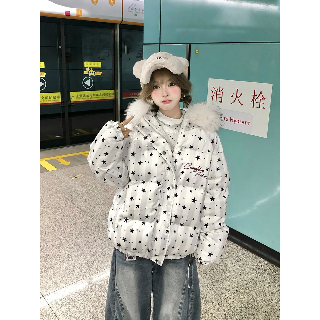 文文不乖原创美式毛领星星满印连帽面包服男女座山雕棉服加厚棉袄
