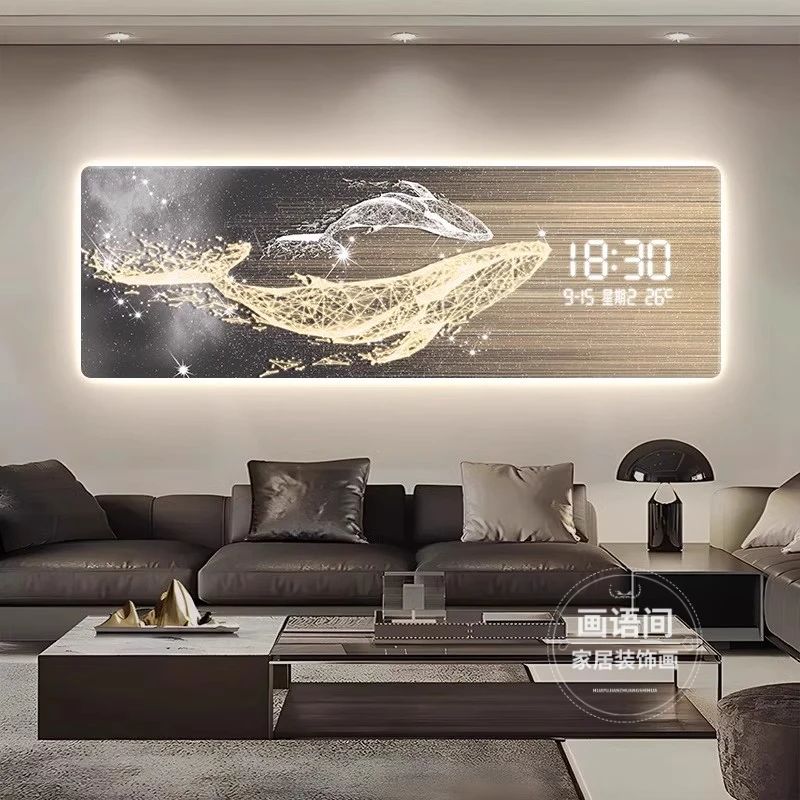 2025新款高档电子数显时钟挂画现代轻奢鲸鱼客厅装饰画卧室床头画