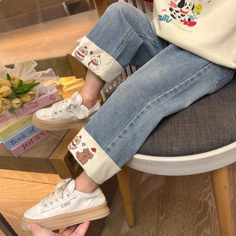 阔腿百搭洋气女童直筒牛仔裤儿童外穿季女孩裤子宝宝卡通宽松休闲