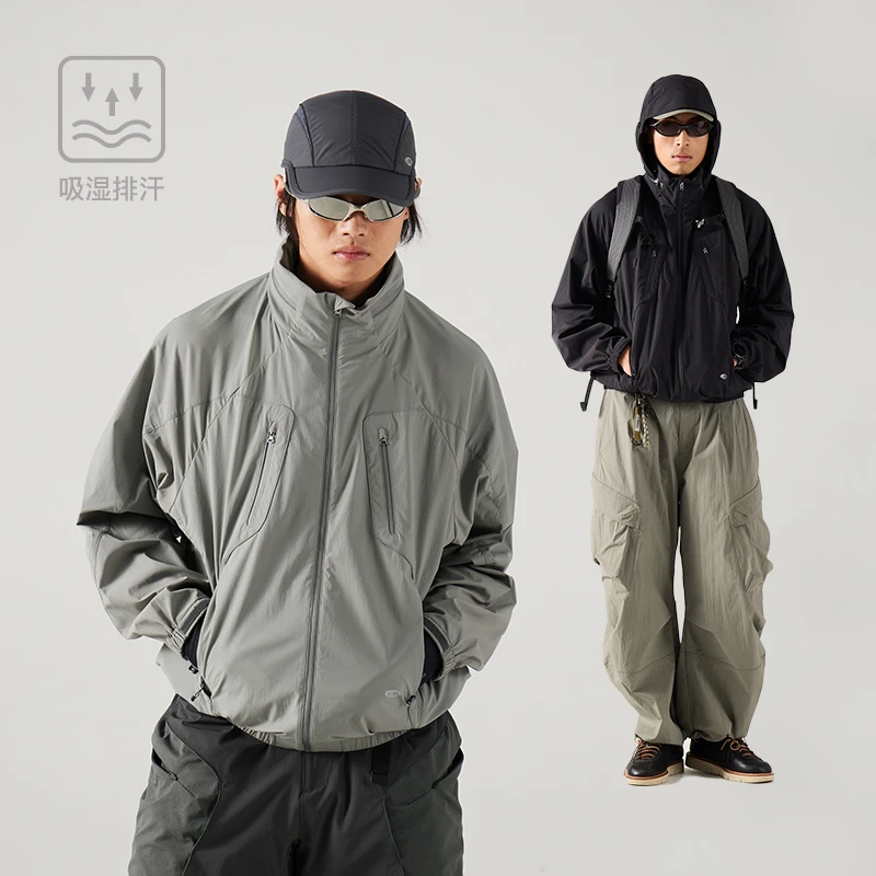 蓝岐几何结构隐藏帽夹克吸湿排汗透气运动休闲外套男