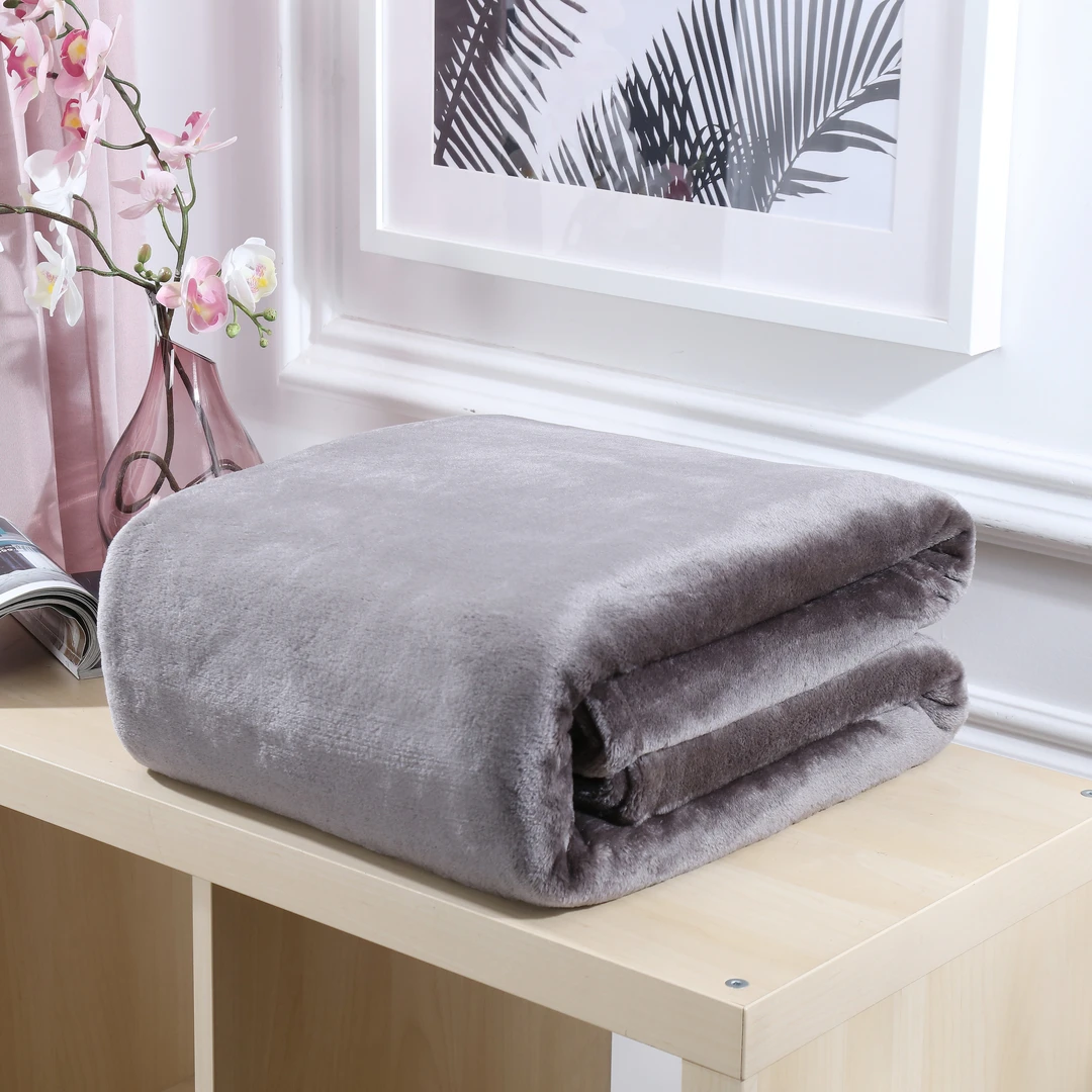 素色法兰绒灰色折边毯