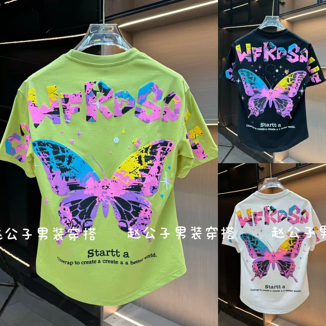 夏季新款发泡印花彩绘蝴蝶短袖男士潮牌情侣休闲半袖百搭时尚T恤
