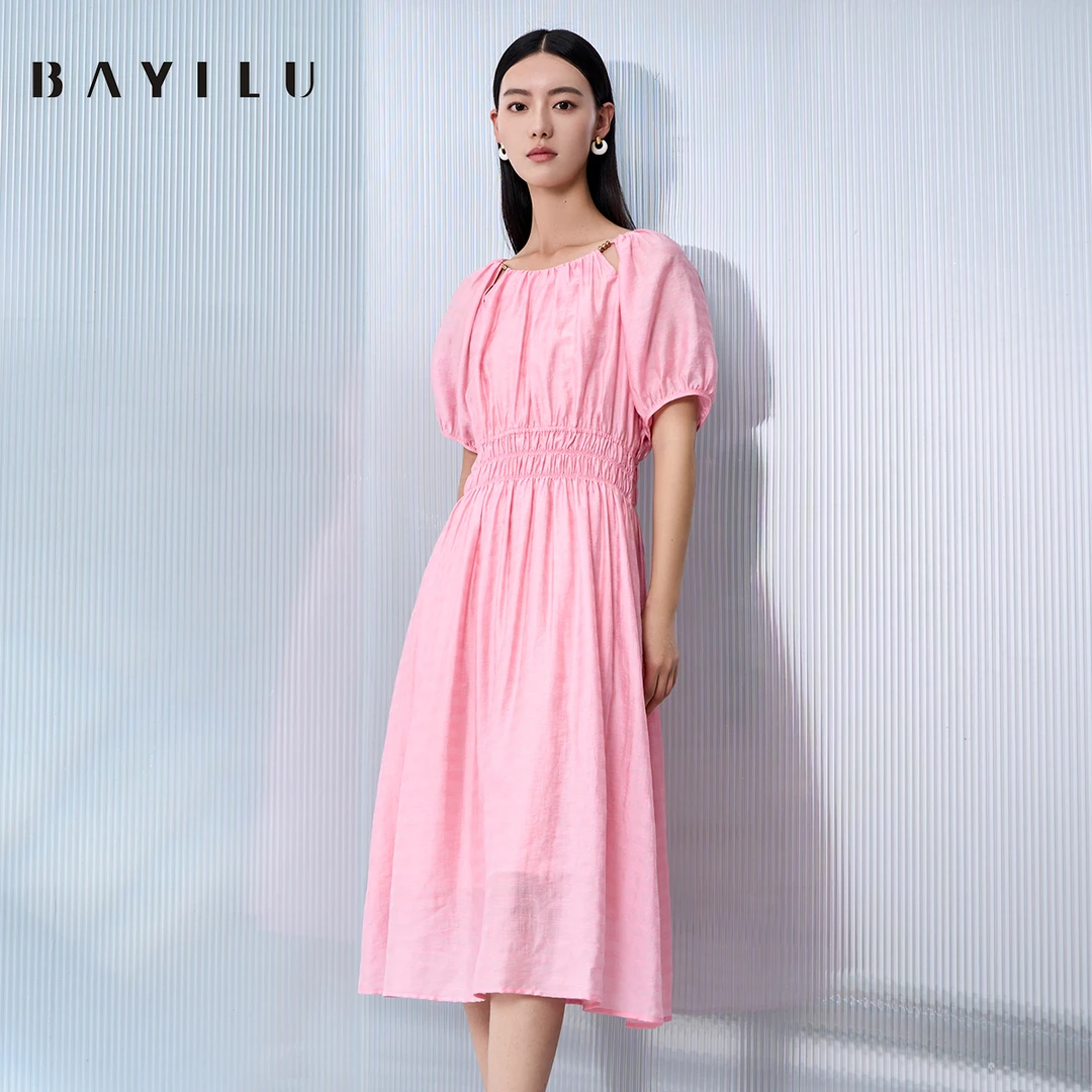 【叶姐】芭依璐夏季连衣裙女泡泡袖收腰显瘦长裙90L7535