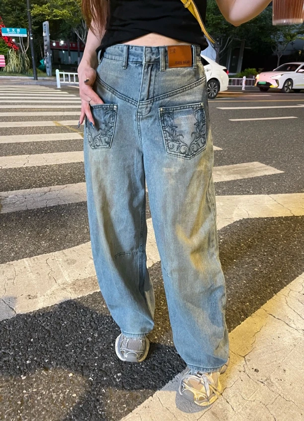 美式辣妹设计感个性刺绣牛仔裤子女复古做旧泥染反转口袋拖地长裤