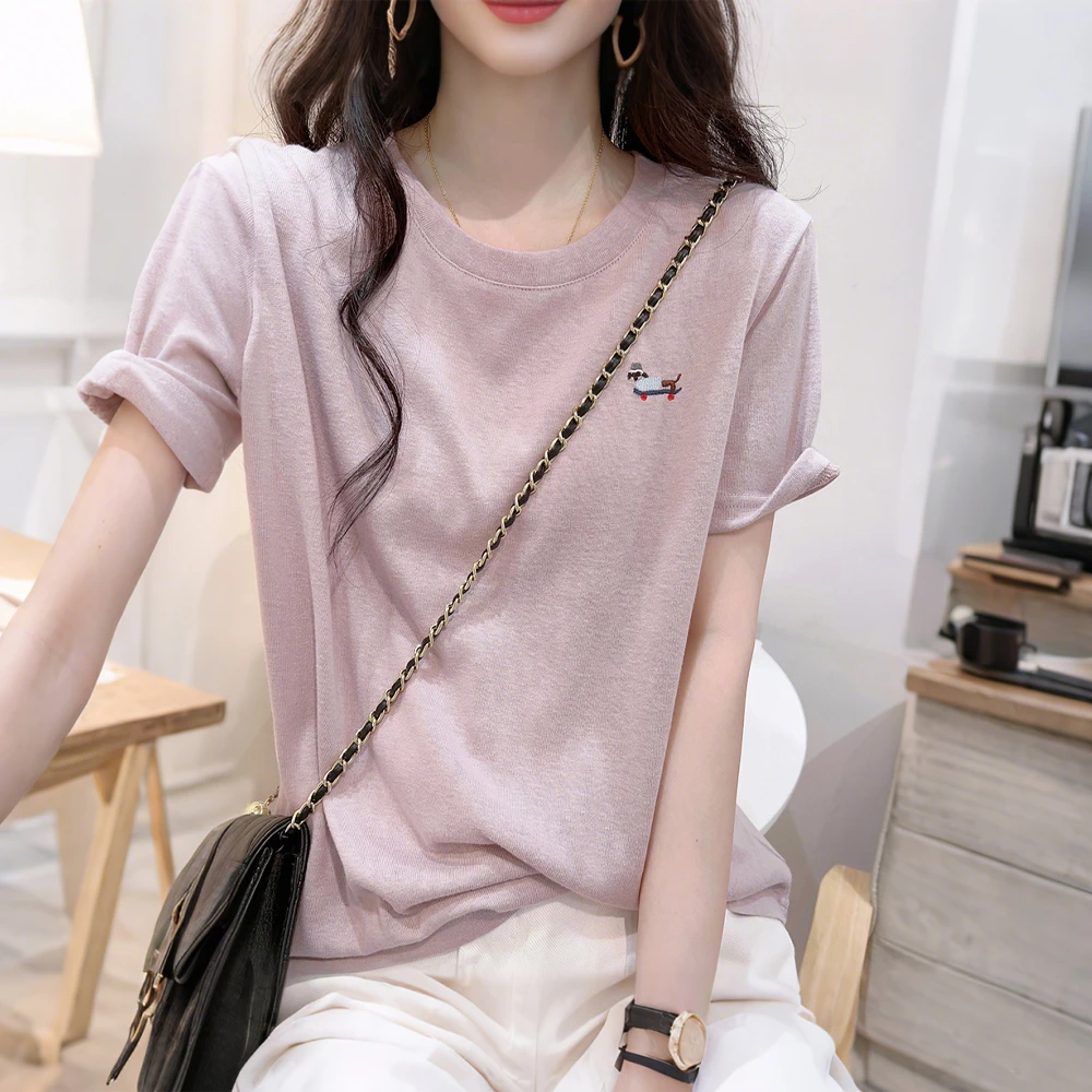 夏季款小狗刺绣雪花棉短袖t恤女宽松减龄慵懒风简约圆领薄款上衣