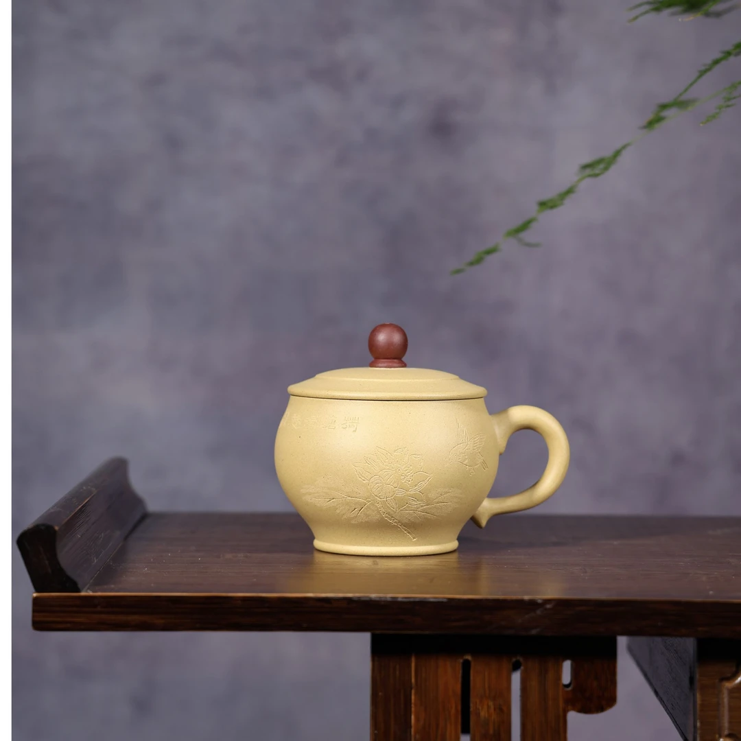 【盼盼紫砂- 花鸟杯】本山绿泥 刻绘荷塘清趣 宜兴原矿紫砂手工杯