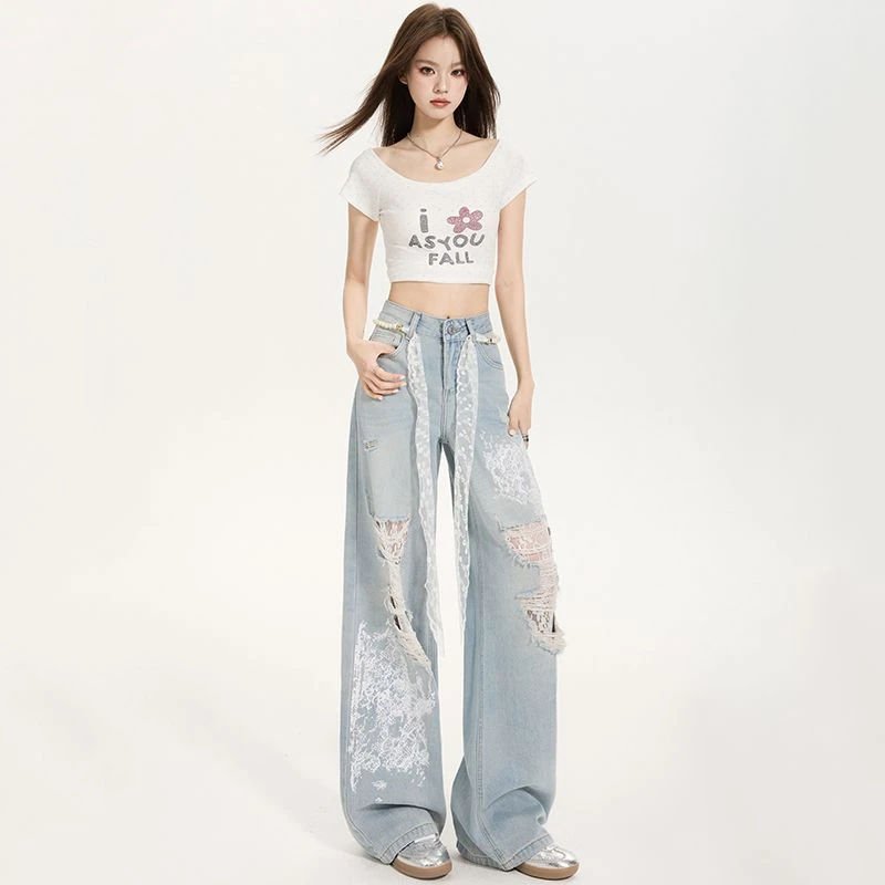 破洞蕾丝阔腿牛仔裤女2025春秋新款时尚设计感宽松拖地裤【无腰带】