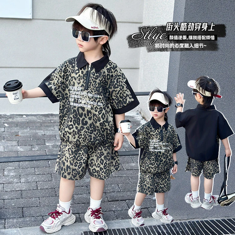 儿童韩版帅气拼接豹纹套装男童夏潮酷时尚衬衫短袖短裤两件套洋气