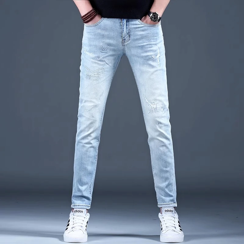 BALEYSWO印花牛仔裤男潮牌修身小脚裤高端破洞春夏季休闲男士长裤