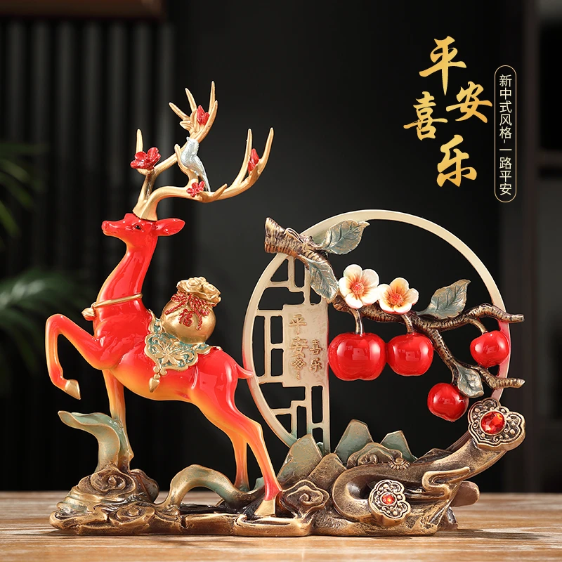 丽邦【平安喜乐】新中式福鹿屏风酒柜电视柜玄关装饰品摆件