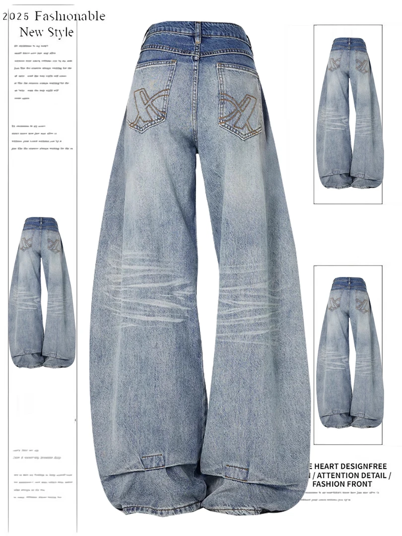 美式复古蓝色弯刀裤潮流女秋休闲季设计感宽松阔腿直筒刺绣长裤子