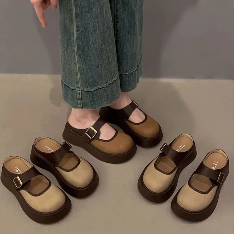 外穿拖鞋女2025秋冬新款网红复古时尚小个子松糕厚底日系半包头织