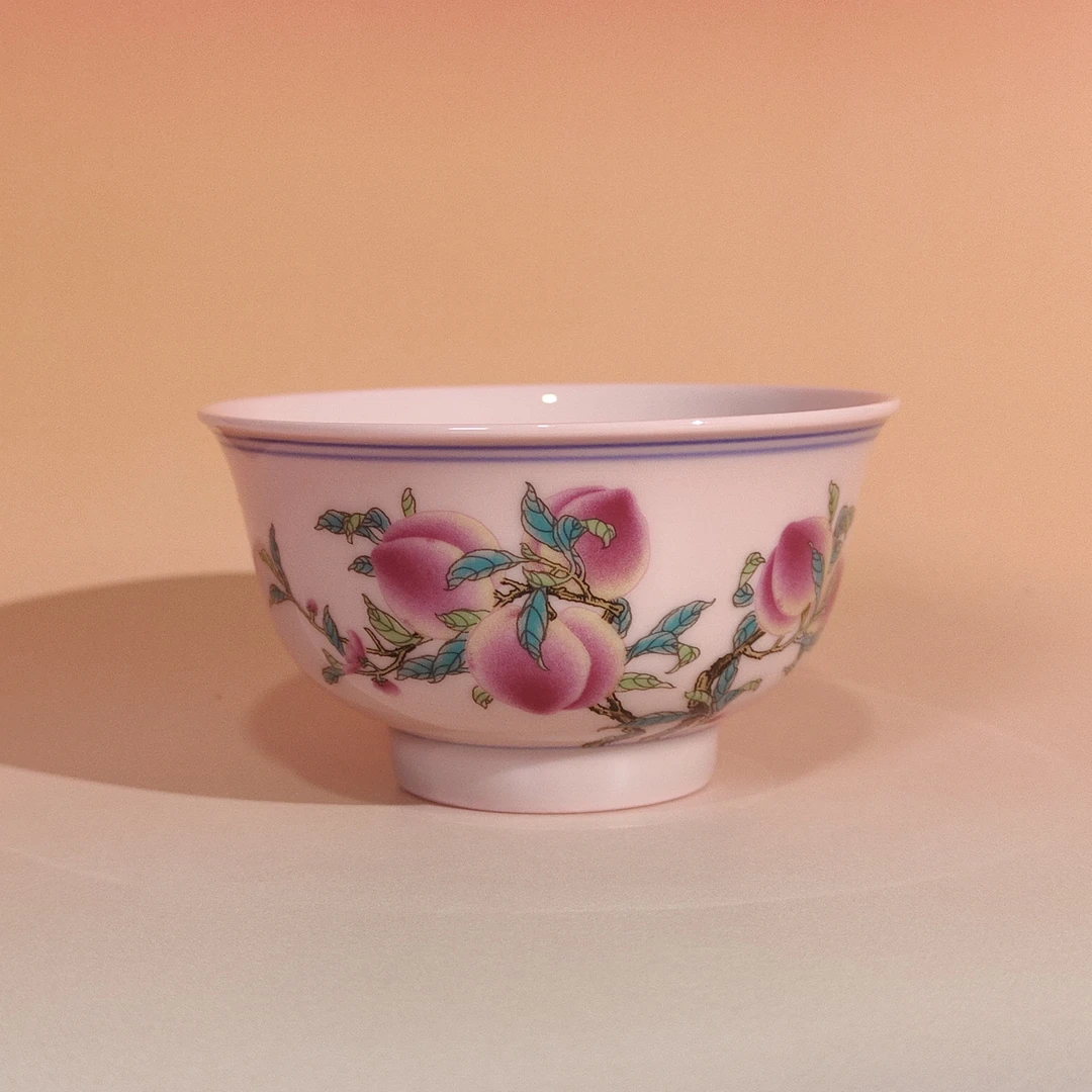 景德镇陶瓷红稀土粉彩九桃五福茶杯单杯品茗杯家用主人杯泡茶杯