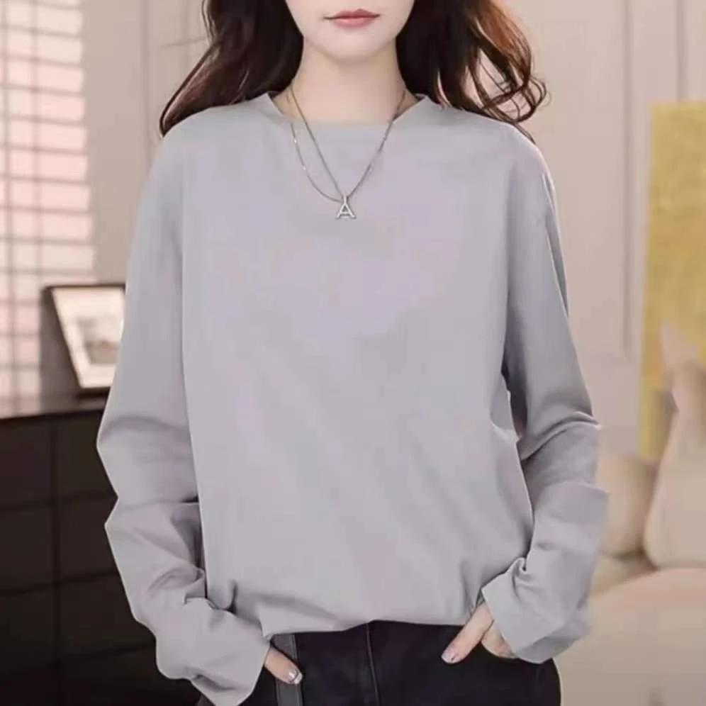 【AMSSGIRD】早秋新款简约纯色圆领长袖T恤休闲宽松上衣女530189