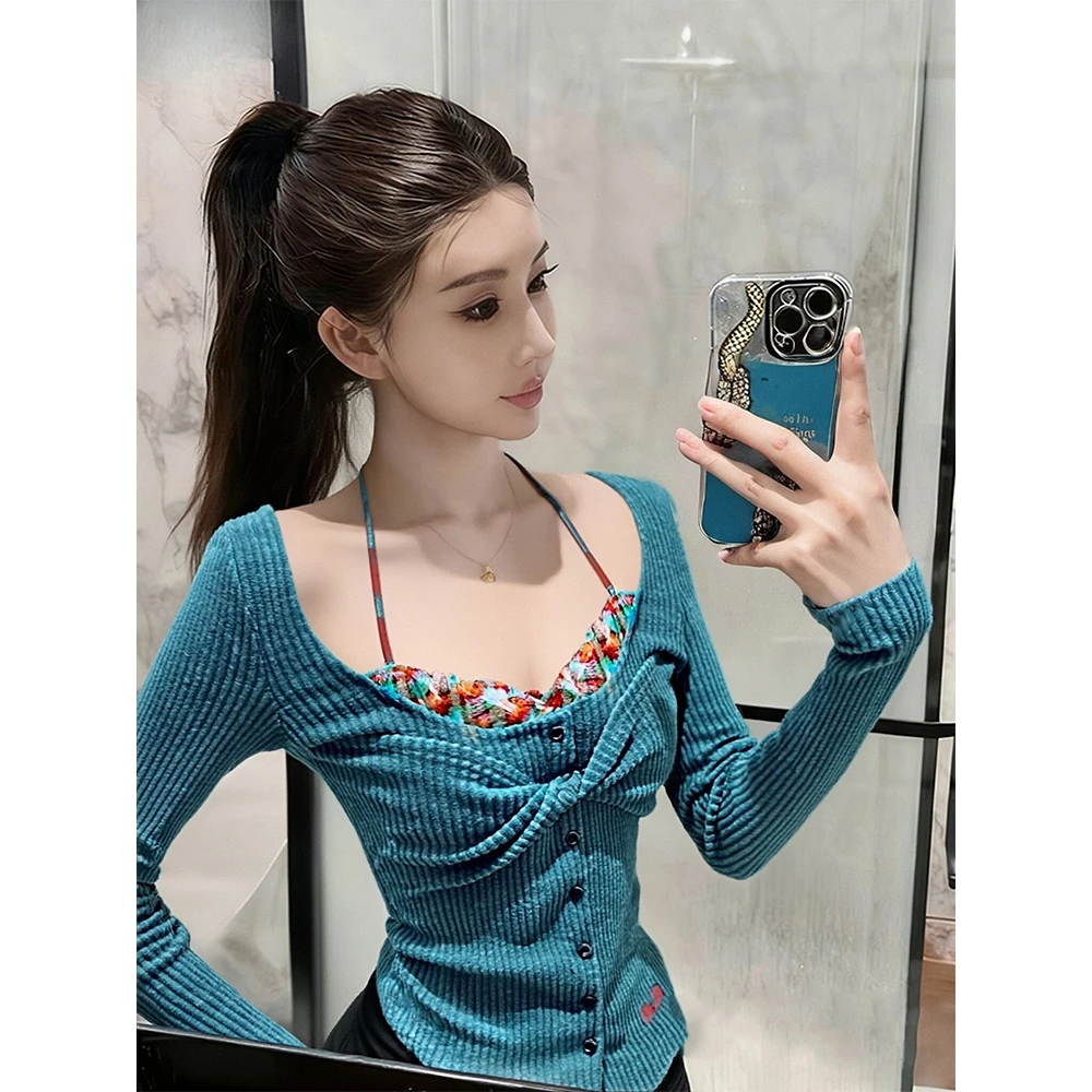 韩系超好看撞色假两件扭结挂脖t恤女秋冬设计感小众长袖打底上衣
