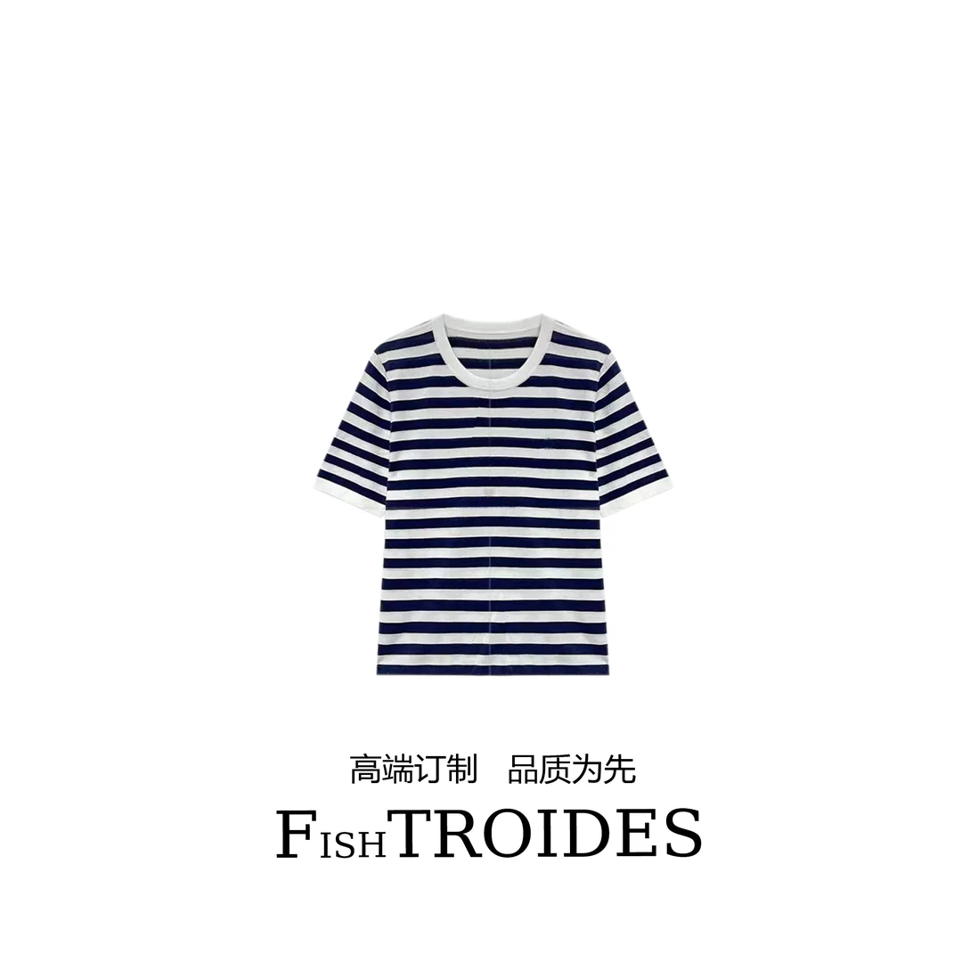2025春桑蚕丝时尚休闲小马刺绣撞色条纹短袖圆领T恤MS0013