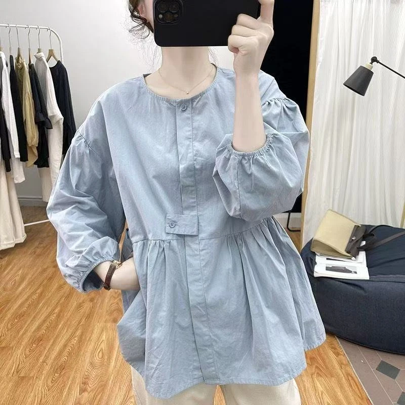 纯棉大码女装娃娃衫中长款春夏季小立领蓝色衬衫韩版宽松遮肚上衣