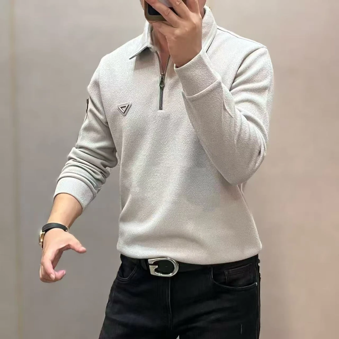 新款高端男士时尚轻奢拼皮三角标半拉链翻领卫衣66118