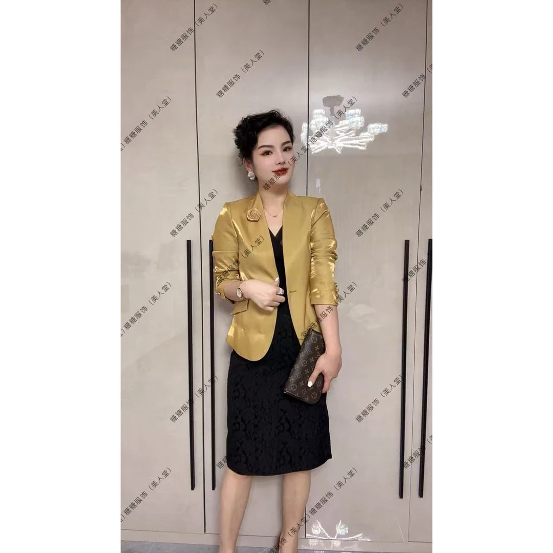糖糖严选珠光缎面短款修身气质女士西服外套2502T